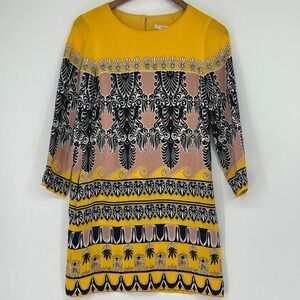 Silk Boho J.Crew Women Yellow Navy Pink Damask Print 3/4 Sleeve Shift Dress 0